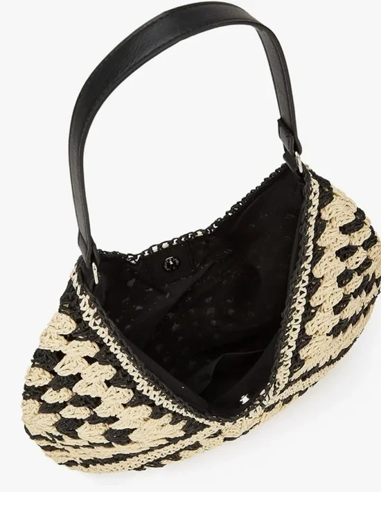 Straw Crochet Hobo Shoulder Bag Black Natural Woven Beach Tote Boho - Picture 4 of 6